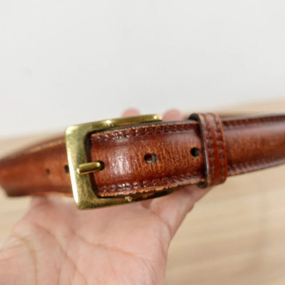 Classic Brown Leather Belt Mens 38 TRAFALGAR Gold Brass Buckle Veal Preppy Ivy